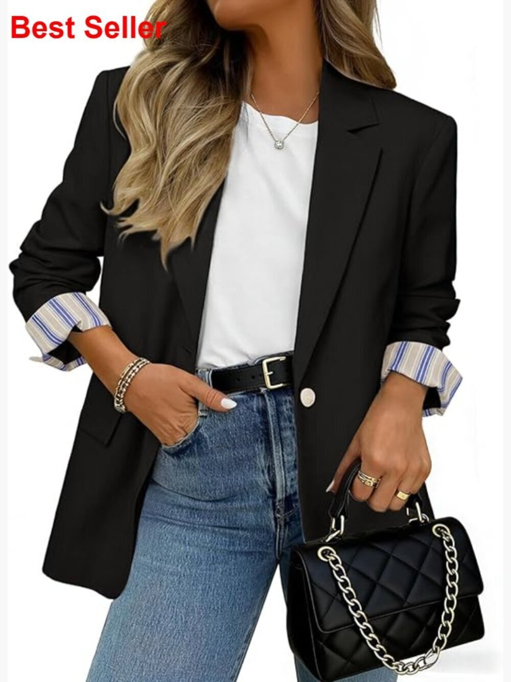 Lightweight Blazer with Striped Cuffs, Long Sleeve Work Jacket